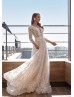 Long Sheer Sleeves Lace Tulle V Back Garden Wedding Dress